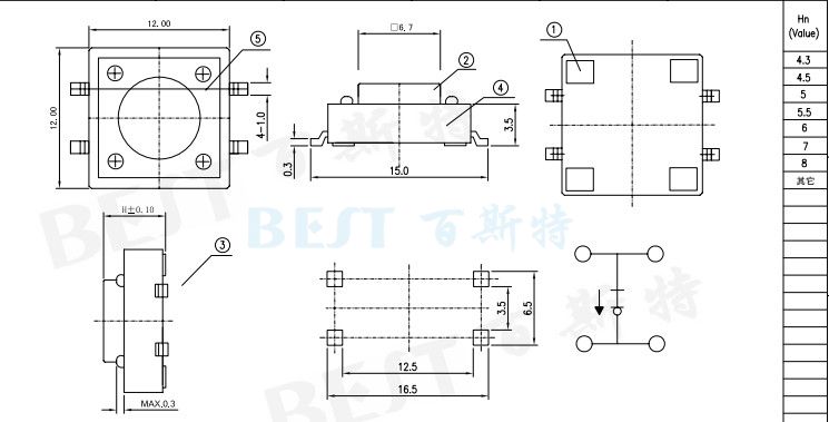 輕觸開關TS-1103W封裝規(guī)格圖紙 輕觸開關TS-1103W封裝規(guī)格圖紙