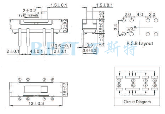 微型撥動開關MSS-23D38參考圖紙 微型撥動開關MSS-23D38參考圖紙