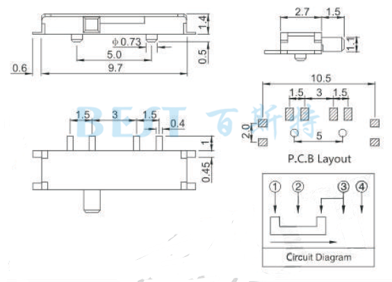 微型撥動開關MSS-22C08參考圖紙 微型撥動開關MSS-22C08參考圖紙