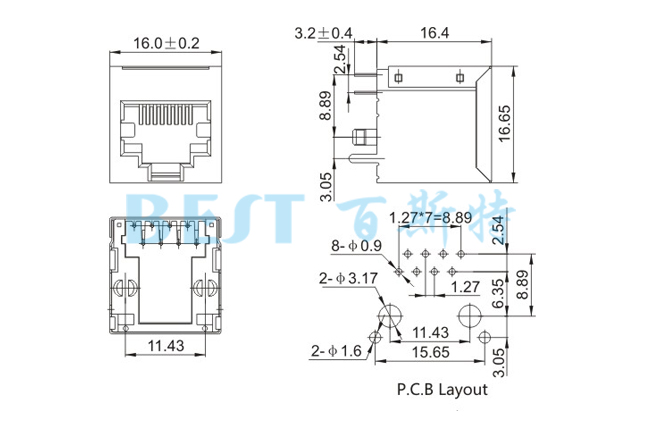 RJ45插座5224S 8P8C F3.05 1x1參考圖紙 RJ45插座5224S 8P8C F3.05 1x1參考圖紙